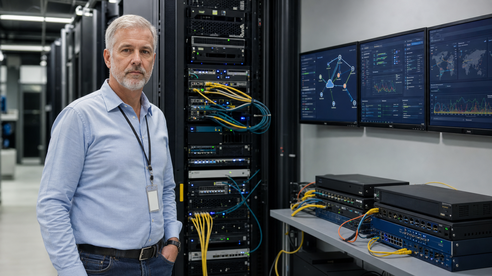 Network engineer monitoring resilient connections between distributed AI systems