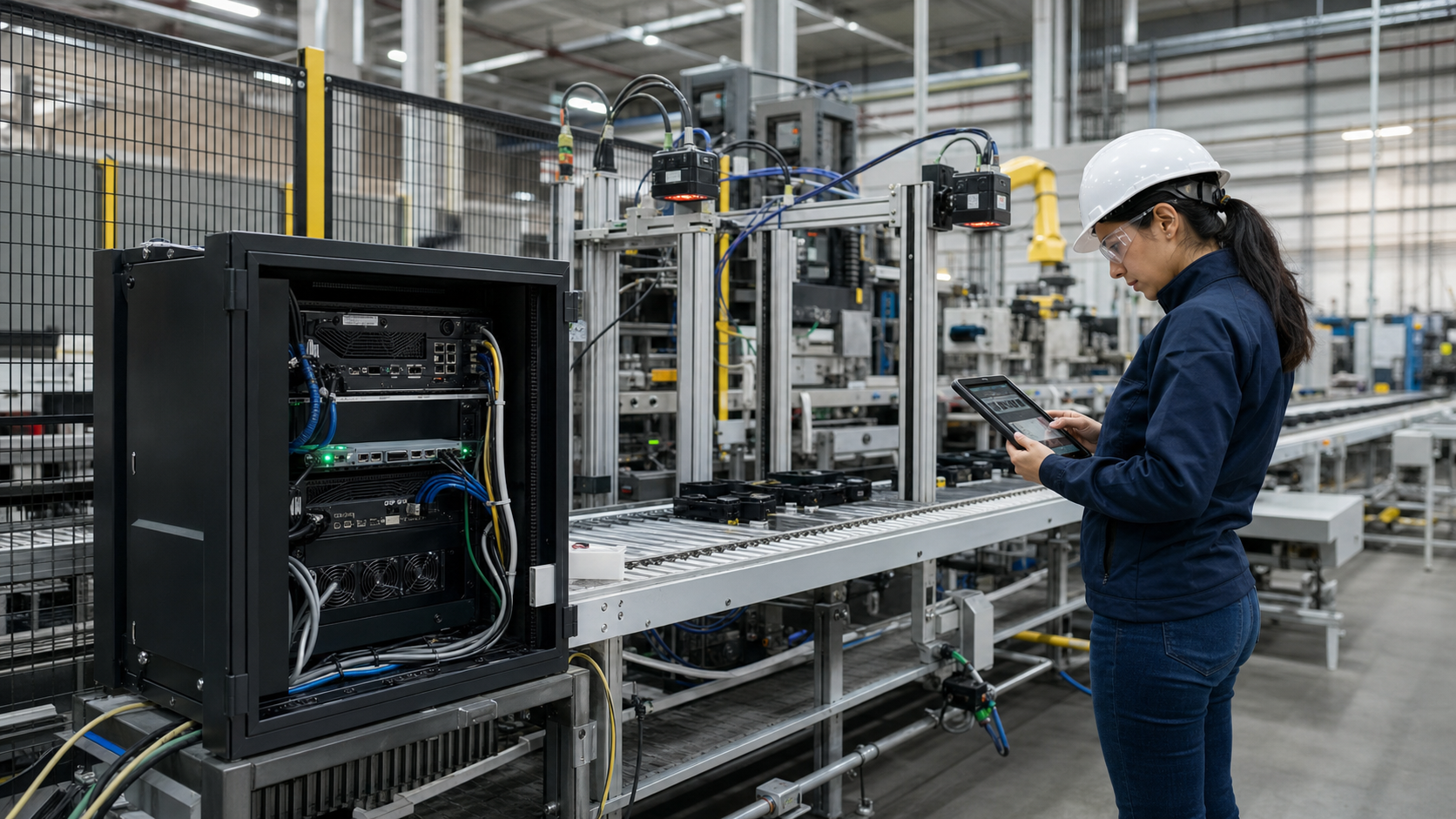 Technician monitoring edge AI inference on a manufacturing floor